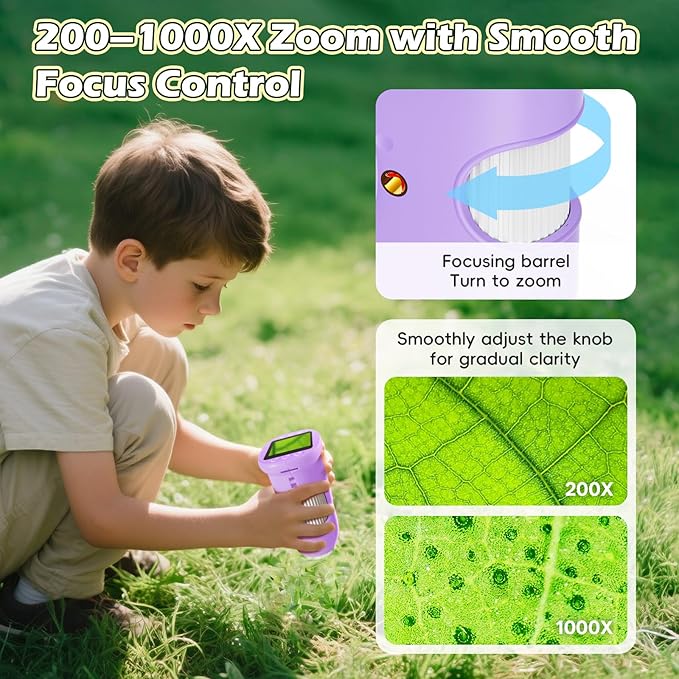 Kids Digital Microscope 1000X Zoom, Mini Pocket Handheld Microscope with Camera/Video/Telescope Function, Portable Outdoor Travel Toys for Boys Girls 3-8 Years STEM Gifts, 8GB SD Card Included