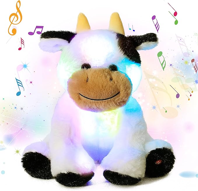 Cuteoy Glowing LED Cow Light-up Nightlight Toys Musical Plush Stuffed Animal Soft Singing Lullabies Birthday Christmas Plushies Gifts for Kids Boys Girls,10"