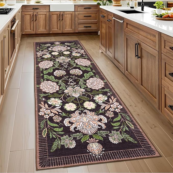 GarveeHome Plum Pink Floral Botanical 2x6 Washable Kitchen Runner Rugs Non Slip Black Purple Vintage Boho Cottage Long Rug for Hallways Bedroom Entryway Bathroom Mat with Rubber Back