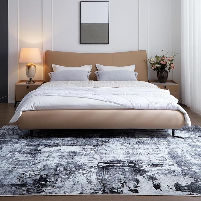 9x12 Rug Washable Boho Rug Soft Large Area Rug Non-Slip Non-Shedding Faux Wool Vintage Rug for Living Room, Farmhouse, Dining Room, Indoor, Kids Playroom, Grey and Black