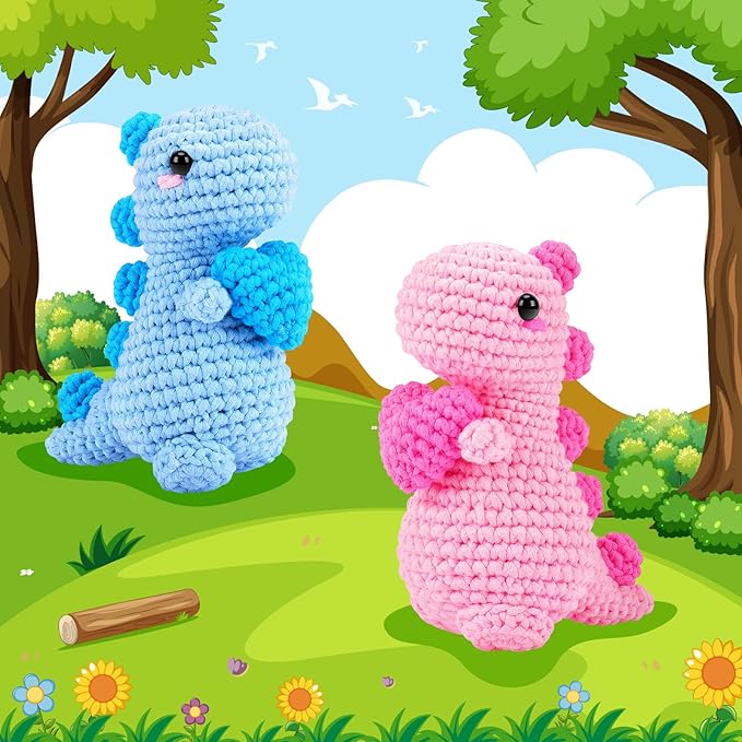 Heart Dinosaurs Crochet Kit for Beginners - 2PCS Blue and Pink Dinosaurs Crochet Kit with Step-by-Step Video Tutorials, Dinosaur Crochet Starter Kit for Adult Kid, Crochet Stuffed Animal Knitting Kit