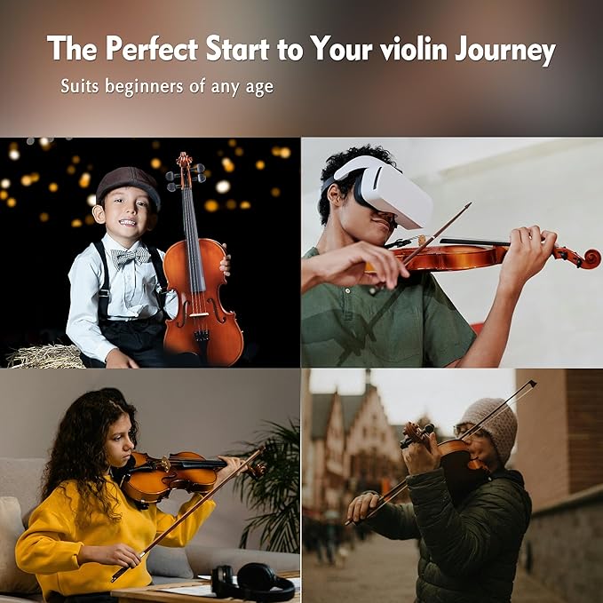 ADM 4/4 Full Size Wood Violin Set for Kids Teens Students Adults Beginner Acoustic Violin Glossy Fiddle Starter Kit with Hard Case, Rosin, Shoulder Rest, Bow, Clip-on Tuner and Fingerboard Sticker