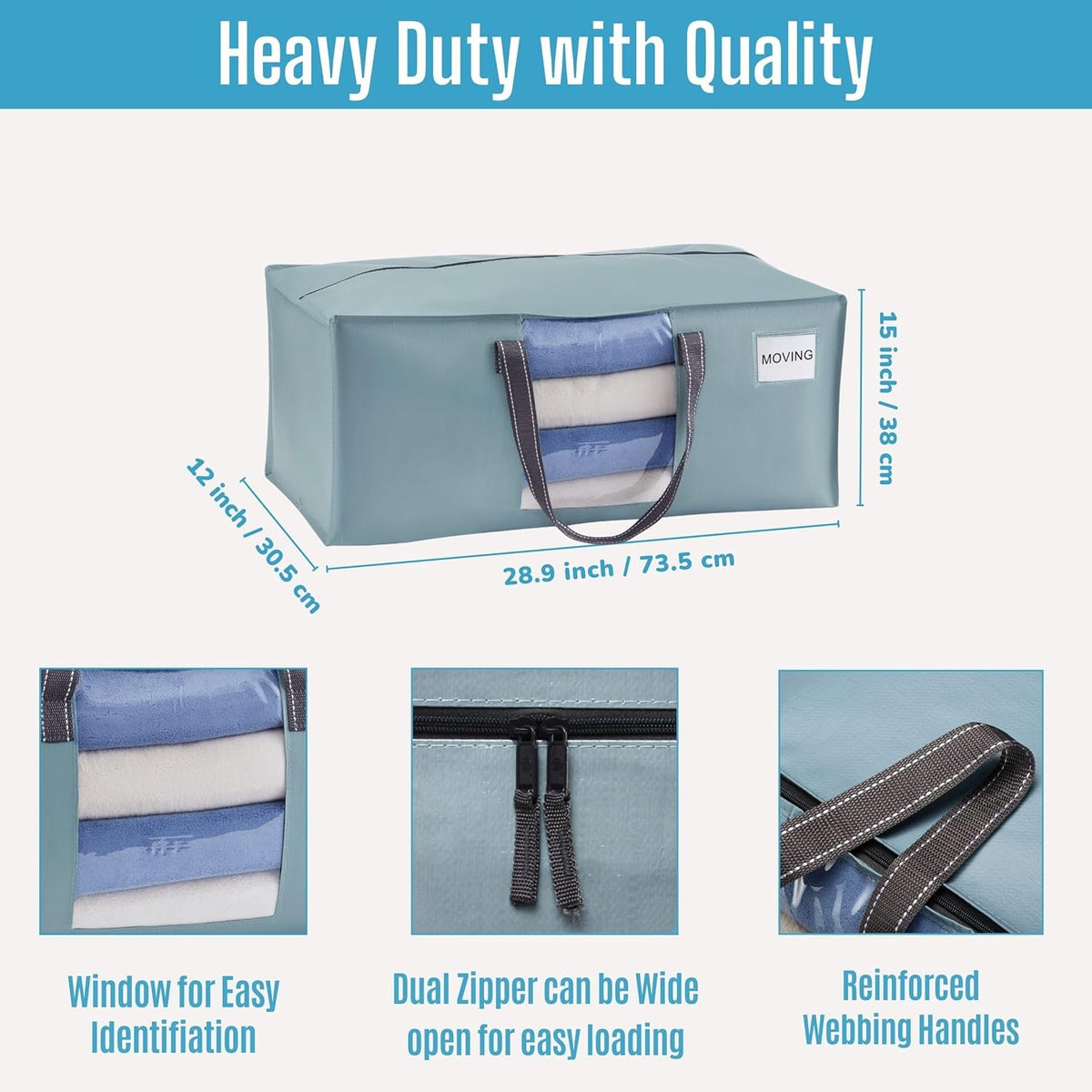 VENO 2 Pack Moving Bags for College, Heavy-Duty Storage Totes, Moving Boxes and Wardrobe Packing Supplies Alternative - Extra Large Durable Laundry Bags for Clothes (Light Blue Matte, 2 Pack)