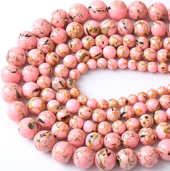 72PCS 10MM Pink Shell Turquoise Stone Beads with Mother-of-Pearl Round Beads for DIY Jewelry Making 2 Strands 32"