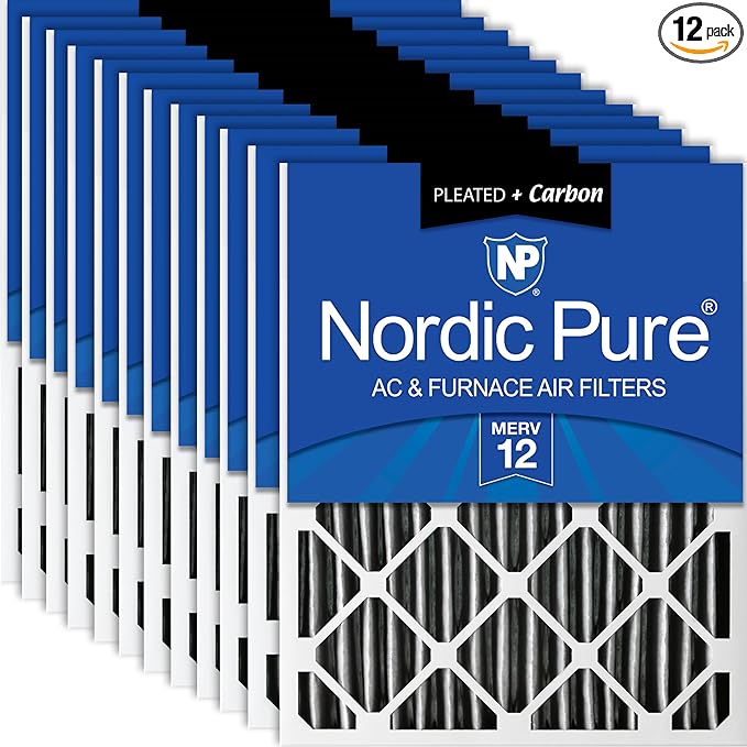 Nordic Pure 20x25x2 (Actual Size: 19 1/2 x 24 1/2 x 1 3/4) Furnace Air Filters MERV 12 Pleated Plus Carbon 12 Pack