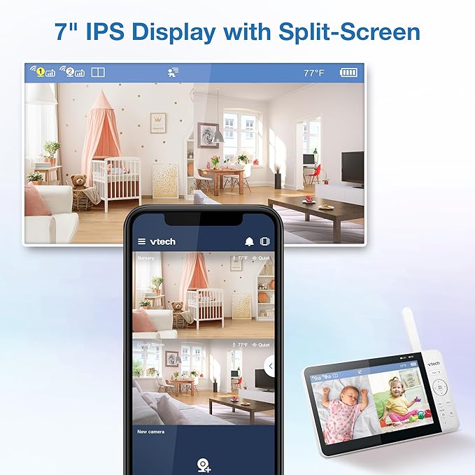 VTech 2-Cameras Smart WiFi Baby Monitor with 1080p FHD Video, Free App with Motion Video, Sound/Motion Detection and Notifications, 7" IPS Display with Split-Screen, Pan-Tilt-Zoom: Smart HQ Max Twin