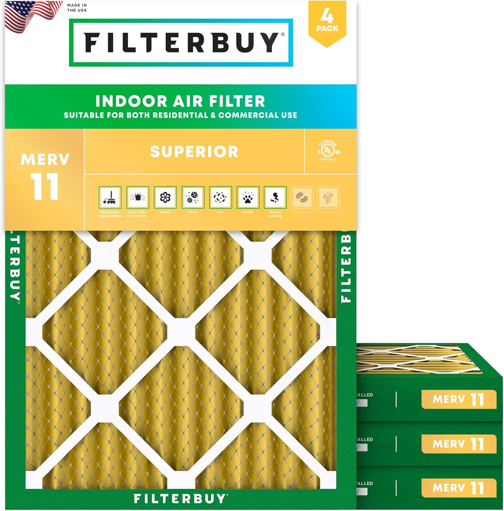 Filterbuy 15x20x2 Air Filter MERV 11 (MPR 1200) Allergen Defense Replacement (4-Pack), Electrostatic Pleated HVAC AC Furnace Filters, Made in USA (Actual Size: 14.50 x 19.50 x 1.75)