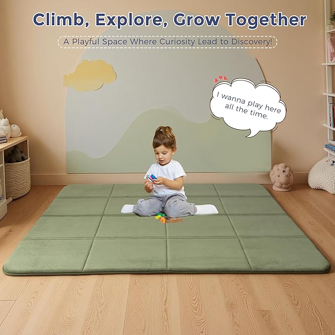 MAXYOYO 1.2" Thick Baby Play Mat for Floor, 78"x 78" Foldable Playpen Mat,Tummy Time Foam Mats Ultra Soft Support, Padded Carpet with Non-Slip Backing for Infant,Kids and Toddler Crawling, Green