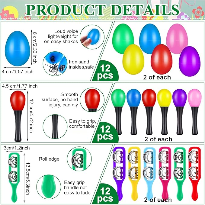 96 Pcs Musical Instruments Learning Percussion Toy Include 12 Egg Shakers 12 Sand Hammers 12 Hand Clappers 12 Rhythm Sticks 12 Hand Bells 12 Handheld Cymbals 12 Dance Scarves 12 Finger Castanets