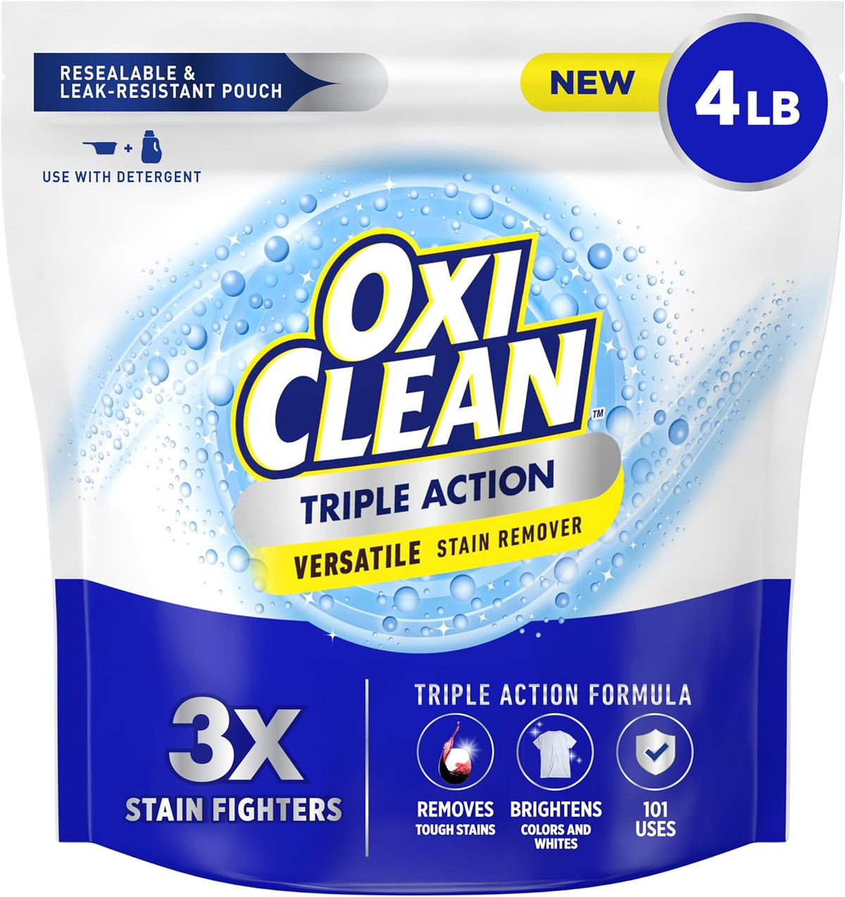 OxiClean Triple Action Versatile Stain Remover Powder, Use with Detergent, Removes Tough Stains like Grease, Blood and Grass, Brightens Colors and Whites, Chlorine Free, 4 lbs