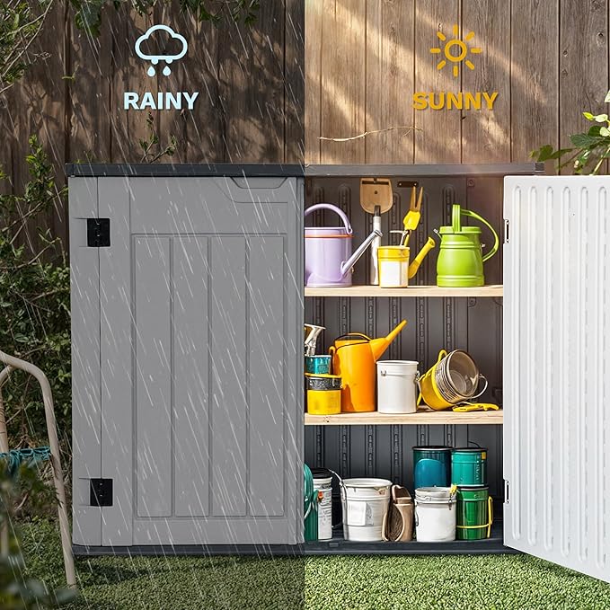 DWVO Outdoor Weather-Resistant Horizontal Storage Shed, 35 Cu Ft Capacity, Lockable and Waterproof, Suitable for Storing Garden Tools, Light Gray