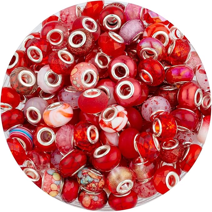 LAIDANLA Red Mix Large Hole Beads, 100pcs 15mm Round Resin, Plastic, Acrylic Loose Beads for Jewelry Making, Crafts, Decoration