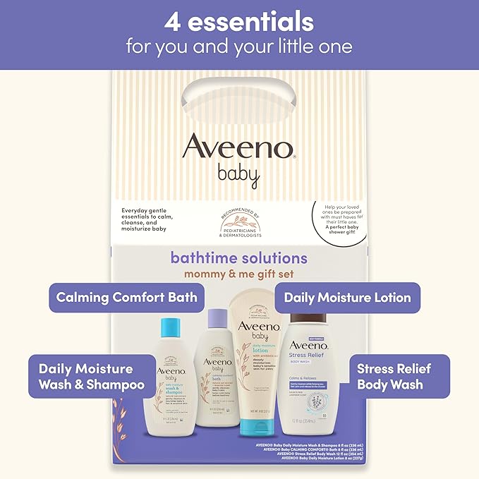 Aveeno Baby Bathtime Solutions Mommy & Me Gift Set, Baby Wash & Shampoo, Calming Bath, Daily Moisturizing Lotion & Stress Relief Body Wash for Mom, Nourishing Oat, Registry Must Haves, 4 items