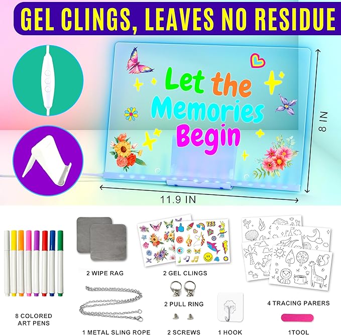 LED Drawing Board, 11.9"X8", Acrylic Note Board with Colors, Include LED Light Up Writing Pad 4 Modes & 7 Colors, 8 Markers, Stand, Hanging Chain, 2 Gel Clings, Holiday Gift