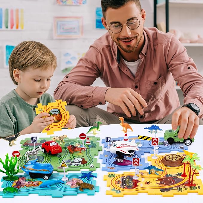 VESPRO 4 Series Toddler Car Track Set, 68PCS Kids Car Track Play Set, Educational Puzzle Toys for Kids Ages 3+ Boys and Girls