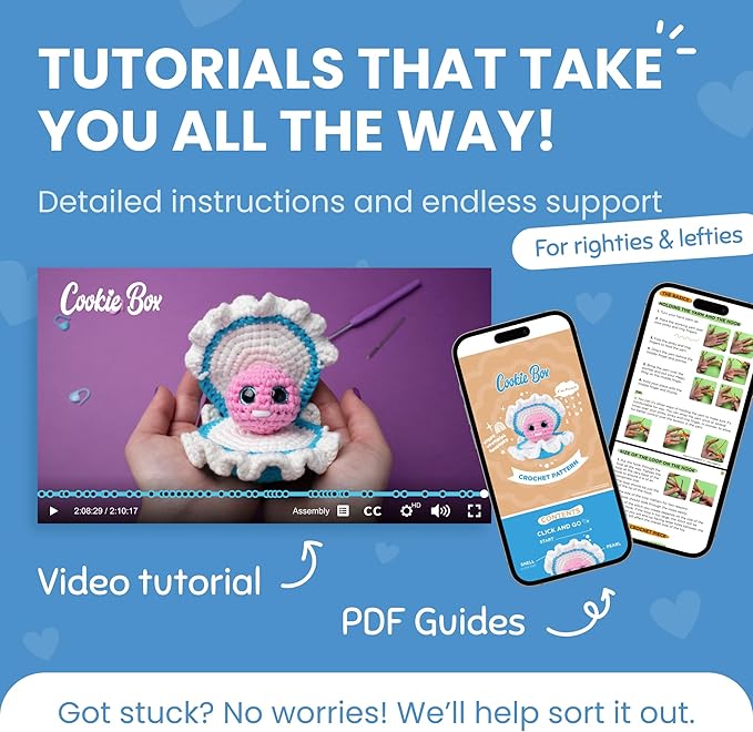 Cookie Box Crochet Kit for Beginners - Learn to Craft Amigurumi Stuffed Animals - Knitting Gift for Kids and Adults - Beginner-Friendly Yarn - Stitch-by-Stitch Video Tutorial - Oyster Pearl