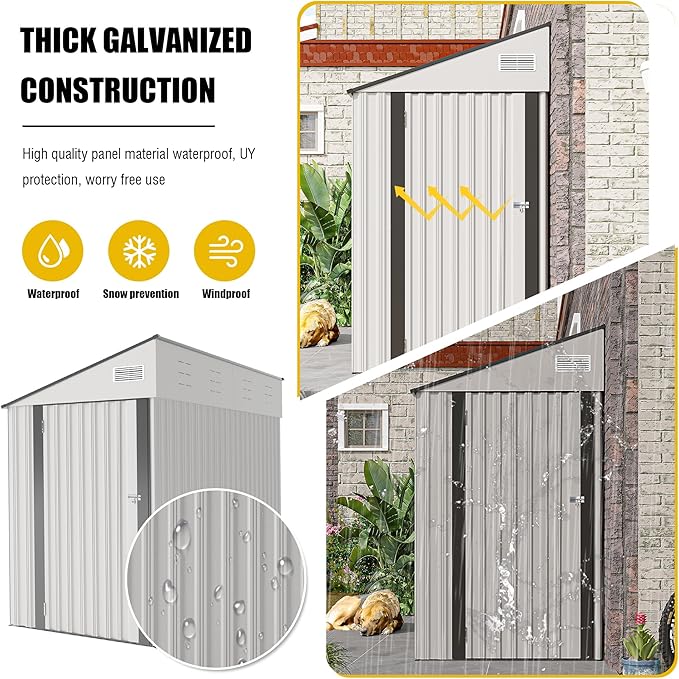 4×8 FT Outdoor Metal Storage Shed,Heavy-Duty Lean to Storage Shed with Lockable Single Side Hinge Door,Waterproof Metal Storage Tool House W/Sloping Roof,Air Vent&Protect Film,for Backyard,White