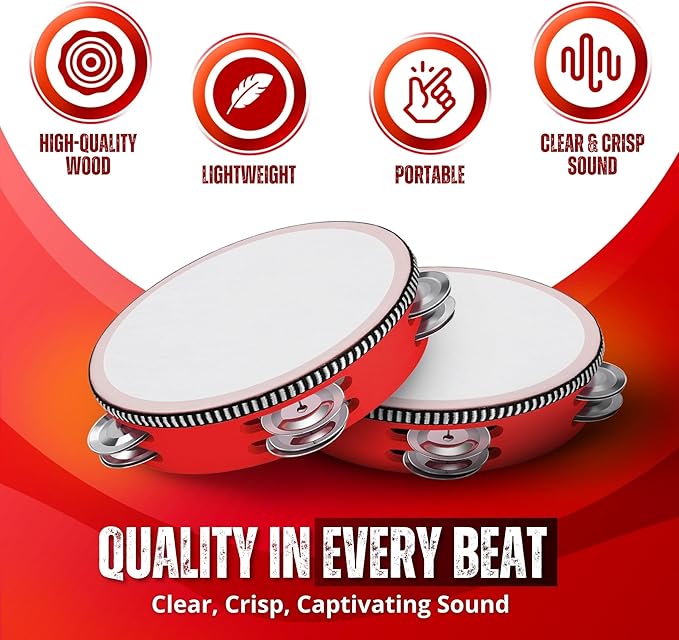 Flexzion Wood Handheld Tambourine Adults 6-Inch Double Row 8-Pair Jingles (Red) - Percussion Round Tamborines Musical Instrument with Metal Zills