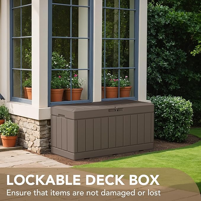 Devoko 85 Gallon Deck Box Lockable Resin Outdoor Storage Box waterproof Outdoor Container for Patio Furniture Cushions, Pillow (Light Brown)