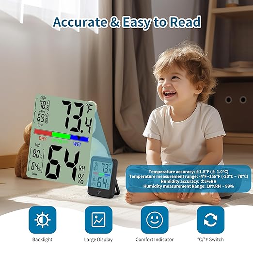 Digital Thermometer Hygrometer, Indoor Wall Thermometer, Indoor Humidity Temperature Monitor with Max&Min Records Backlit for 10S for Greenhouse, Home and Office Measuring Devices