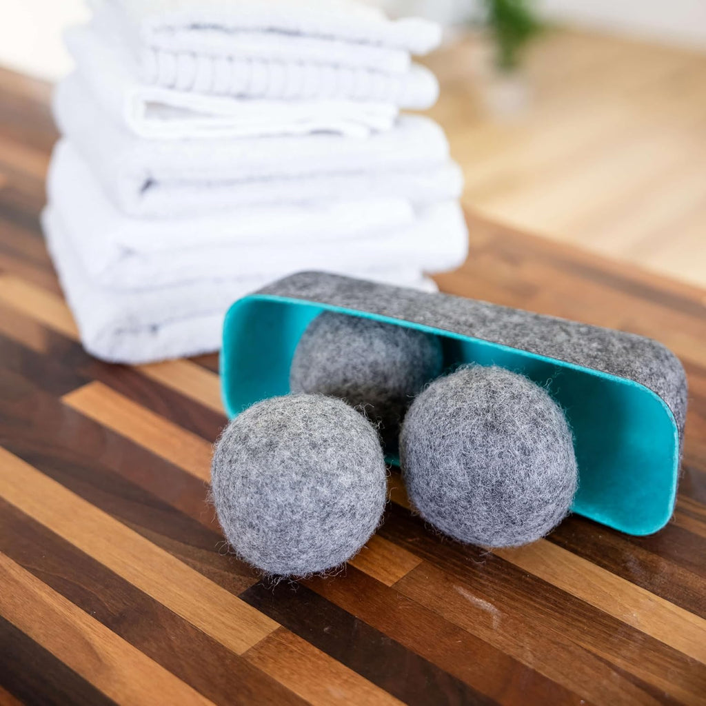 Three by Three Seattle Felt·Like·it!™ XL Wool Dryer Balls + Storage Bin: Reduce Drying Time, Static Cling, and Energy Use | Natural Alternative to Fabric Softeners | (Pack of 3 Grey Dryer Balls)
