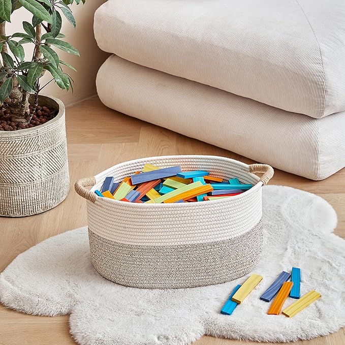Storage Baskets for Organizing | 15"x10.2"x9.1" - 1 Pack Nursery Bin with Handles - Woven Cotton Rope Baskets for Dog Toys, Books, Shelf, Bathroom,Closet -Stylish Storage | White & Beige