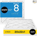 Simply 20x22x1 Air Filter, Merv 8, 6 Pack, For Home AC Furnace & HVAC (Actual Size: 19.75"x21.75"x0.75") DUST, Pet, & Allergy Control