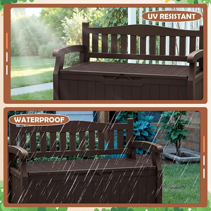 JUMMICO 80 Gallon Resin Outdoor Storage Bench, Large Deck Box with Armrest, Lockable & Waterproof for Garden, Home, Patio, Pools (Brown)