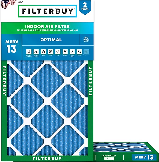 Filterbuy 13.5x21.5x1 Air Filter MERV 13 Optimal Smoke & Allergy Defense (2-Pack), Electrostatic Pleated HVAC AC Furnace Filters Replacement, Made in USA (Actual Size: 13.50 x 21.50 x 0.75)
