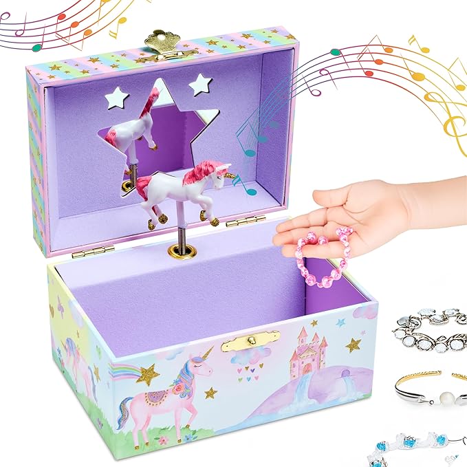Jewelkeeper Musical Jewelry Box for Girls with Spinning Unicorn, Glitter Rainbow and Stars Design Music Box for Necklace, Earrings, and Accessories, Plays The Beautiful Dreamer Tune