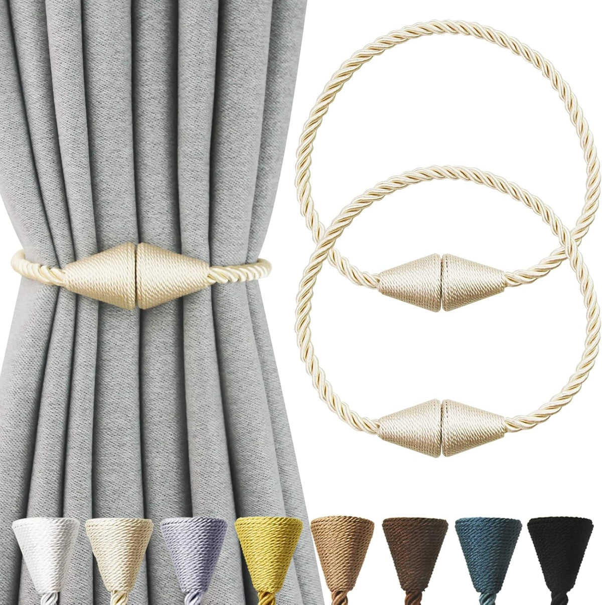 2 Pack Magnetic Curtain Tiebacks Rope Modern Handmade Curtain Tie Backs Decorative Drapes Weave Holdbacks for Window Décor, Beige