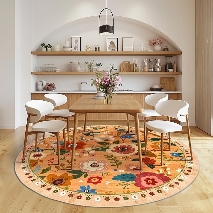 Floral 6ft Area Rug Machine Washable Soft Print Boho Carpet Non Slip Doormat Low Pile Flower Area Rugs for Living Room Bedroom Nursery Kitchen Dining Room Indoor-Yellow/Orange