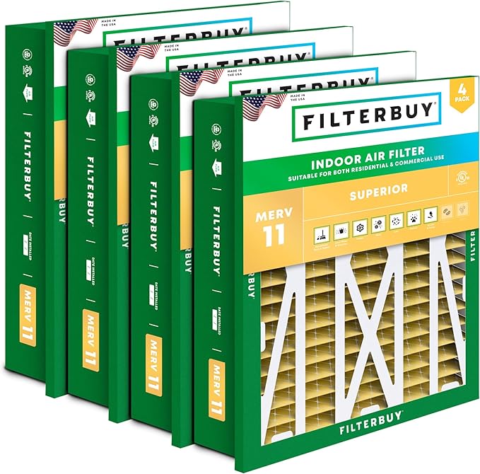 Filterbuy 20x25x5 Air Filter MERV 11 Superior Pet & Allergy Defense (4-Pack), Electrostatic Pleated HVAC AC Furnace Filters Replacement for Honeywell Return Grille (Actual Size: 18.38 x 23.38 x 3.69)