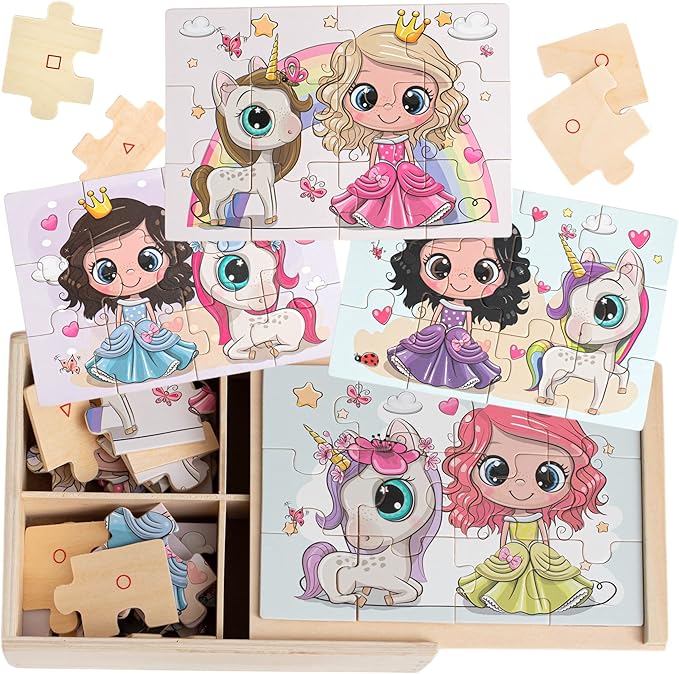 4-in-1 Princess Jigsaw Puzzles for Kids, Wood Puzzles for Kids Ages 3-5 48 Piece Wooden Puzzles for Toddlers 3-5, Wooden Puzzles for Toddlers, Essential Skills Gift for Girls Princesses