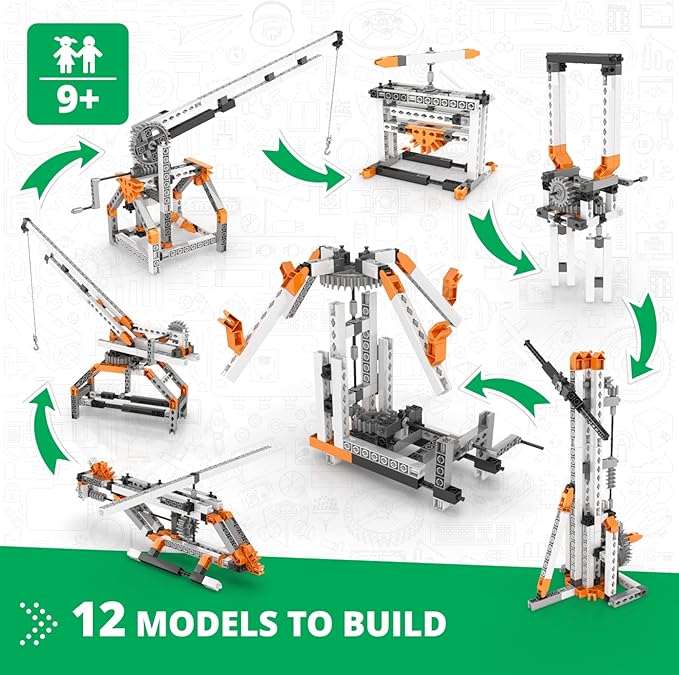 Engino- STEM Toys, Mechanics Gears & Worm Drives, BuildingToys for Kids 9+, Engineering Kit, Educational Set, Gifts for Boys & Girls, STEM Projects, Fun Activities for Kids (12 Model Options)