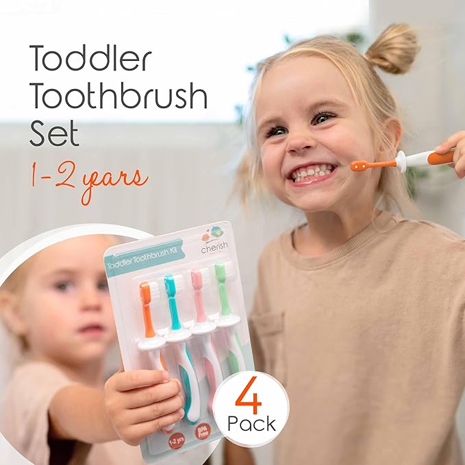 Cherish Baby Care Toddler Toothbrushes 1-2 Years (4-Pack) - BPA-Free & Safety-Tested Kids Toothbrush Kit, Designed by a Pediatric Dentist, Soft-Grip Toothbrush for Kids, My First Toothbrush Set