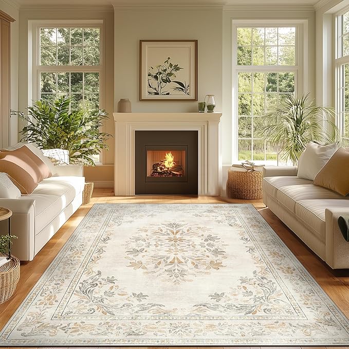 jinchan Vintage Floral 6x9 Area Rugs for Living Room - Machine Washable Distressed Design Soft Throw Rug Ultra-Thin Non-Slip Large Carpet for Bedroom Nursery Dining Room Home Office (6x9ft,Light Grey)
