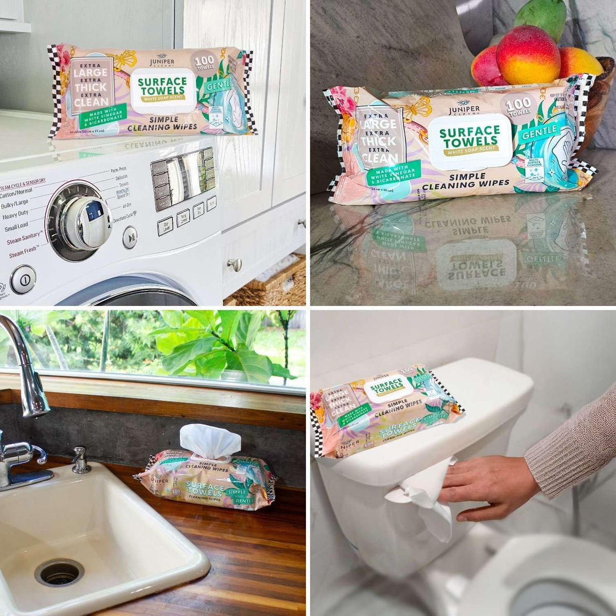 3 Packs Surface Cleaning Wipes, Thick & Large Dispose, All-Purpose Cleaner for Bathroom, Kitchen, Office, 300 Count Soft Flow, Biodegradable, White Soap Scent