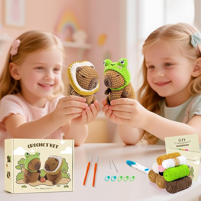 Capybara Crochet Kit for Beginners, 2PCS Capybara with Frog and Bread Hats Crochet Animal Kit with Step-by-Step Video Tutorials, Starters Crocheting Kits, Stuffed Animals Knitting Kit for Kids Adults