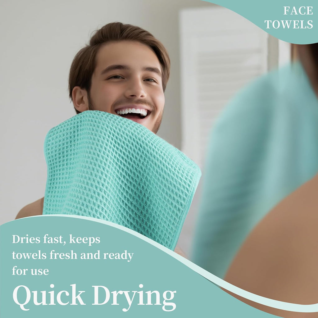 Microfiber Waffle Face Towels, 2 Pieces, Soft, Absorbent, Fast Drying, Lint Free (Turquoise)