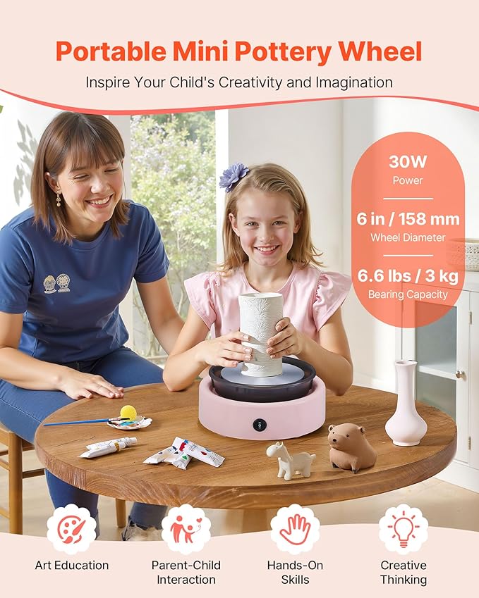 VEVOR Mini Pottery Wheel, 6 inch Turntable, Forward and Reverse Rotation, Adjustable Speed, Electric Clay Wheel for Kids and Beginners, with Shaping Tools, for Home DIY, Pottery Classes, Pink