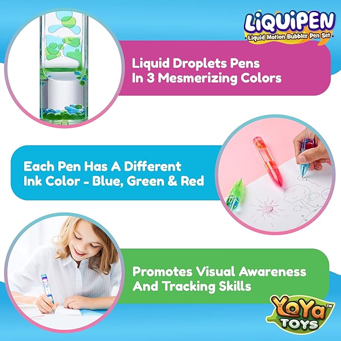 YoYa Toys Liquipen - Liquid Motion Bubbler Pen Toy (3 Pack) - 3 Colors - Colorful Timer Pens for Focus, Stress & Anxiety Relief - Fun Desk Fidget Toy for School & Office - Great Gift for Kids & Adults