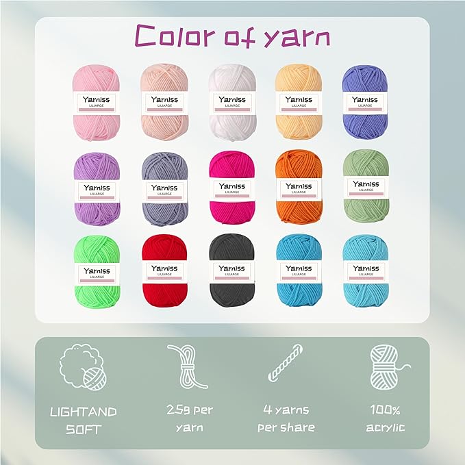 Yarniss Crochet Kits with Yarn,1120 Yards Soft Crochet Skeins, 10 Size Ergonomic Crochet Hooks with Portable Crochet Bag