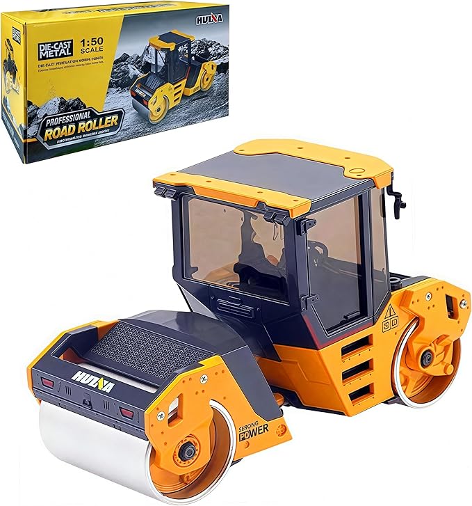 Gemini&Genius Double-Drum Road Roller Toy Construction Vehicle Toy 1/50 Scale Die-cast Grader Engineering Road Planer Vehicle, Asphalt Drum Compactor Alloy Model Toys and Collections for Kids