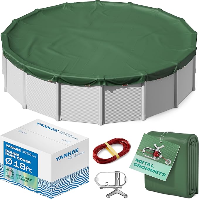 Yankee Emerald Series Pool Covers for Above Ground Pools | Round 18 ft Swimming Pool Cover w/Steel-Core Cable, Winch for Winterization | 9 mil Medium-Thickness for Off-Season, On-Season Protection