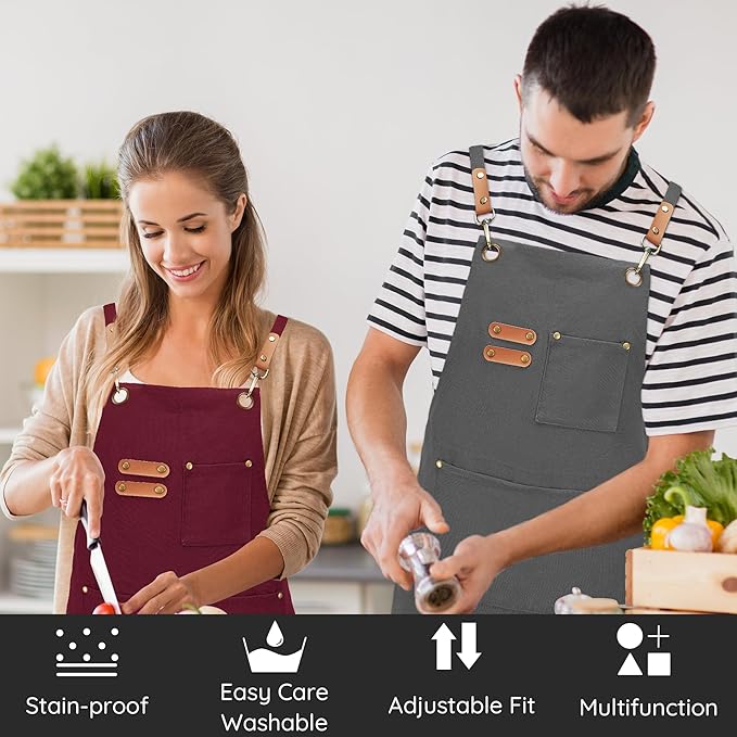 Canvas Aprons, Kitchen Chef Aprons, Work Aprons for Men Women, Adjustable Strap Aprons with 3 Pockets