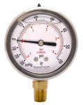 2-1/2" Oil Filled Vacuum Pressure Gauge - Stainless Steel Case, Brass, 1/4" NPT, Lower Mount Connection, 30HG/60PSI
