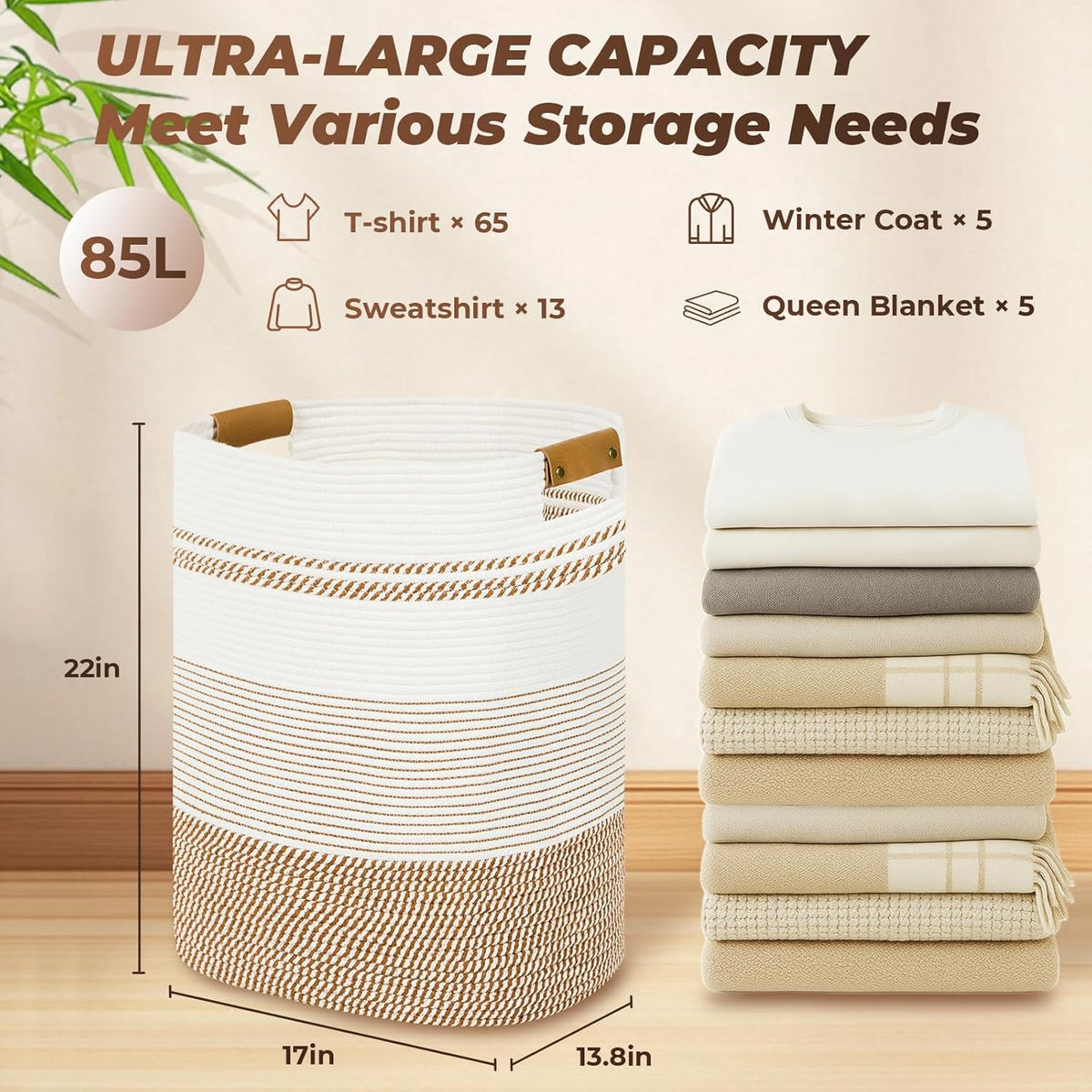 Laundry Basket with Handles - Blanket Basket & Hampers for Bedroom Aesthetic, Laundry Hamper & Blanket Storage for Living Room, Clothes Hamper, Tall, Large 17" x 14" x 22”, Brown & White