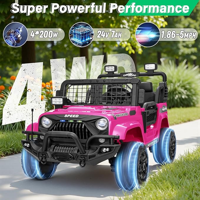 2 Seater Ride On Car Truck with Remote Control XL, Kids 24V Battery Powered Electric Vihicle w/21 in Seat, 3 Speeds, 2WD/4WD Switichable, Shock Absorbers,Bluetooth, Flower, Gift Choice