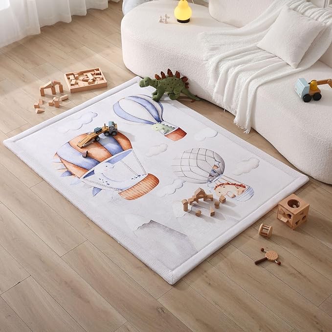Stylish Coral Baby Play Mat for Floor 47" x 67" Dinosaur Balloons – Soft 1" Thick High-Density Memory Foam Nursery Rug,Kids Rug with Non-Slip Backing for Crawling & Playing, Playroom Rug, Kids Carpet